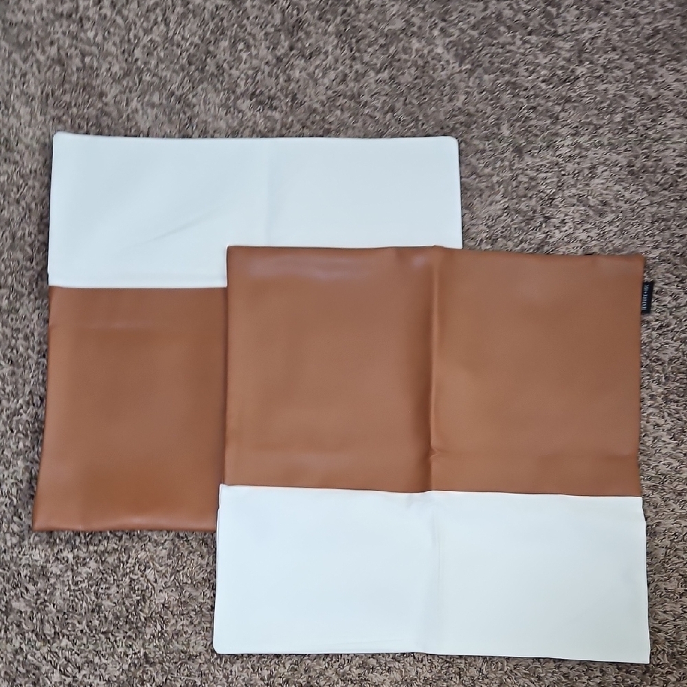 BOHO Faux Vegan Leather Brown and White 18x18 Pillow Covers